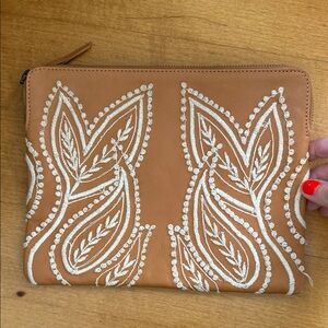 Anthropologie Embroidered Tan Leather Zip Pouch with White Leaf Motif